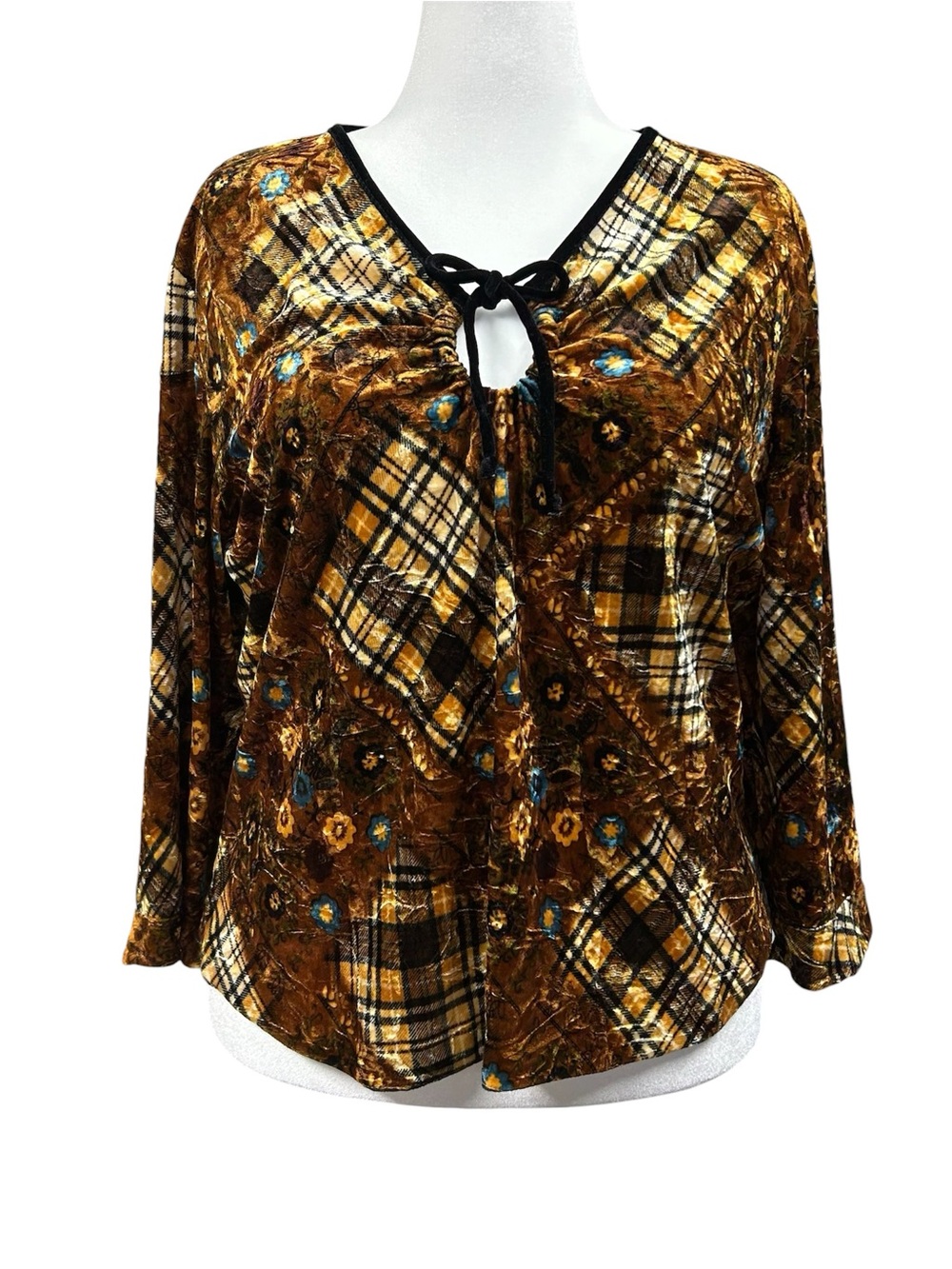 Vintage Casual Land Velvet Patch Floral Plaid Keyhole Long Sleeve Blouse Sz 2X